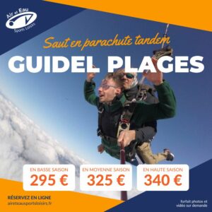 Sauter parachute à Guidel Plages, réserver saut tandem parachute, activité vacances Morbihan